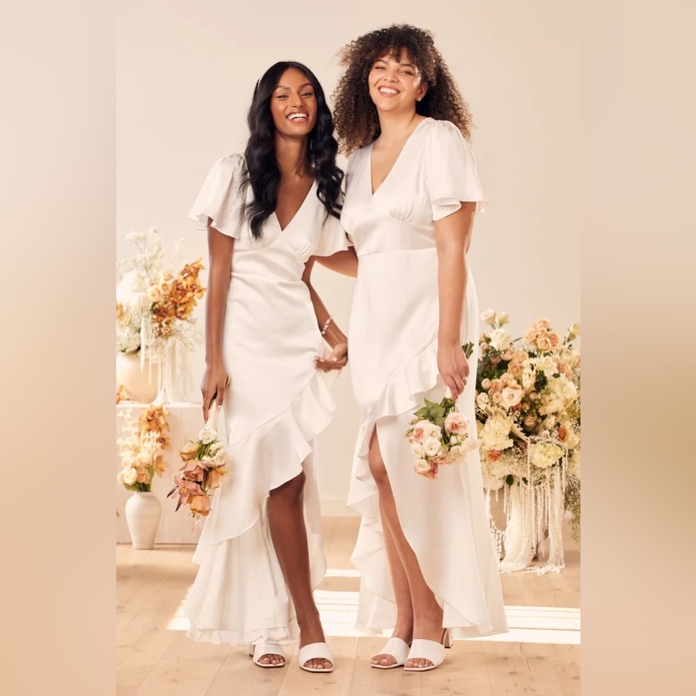 Eternal Bond White Satin Ruffled Flutter Sleeve Maxi Dress